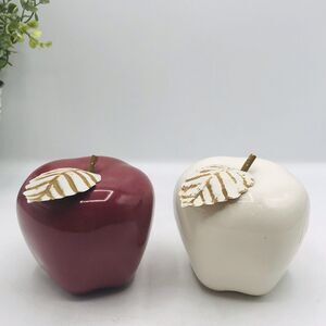 Lot of 2 Apples Glazed Ceramic With Metal Leaf and Stem 3" Tall Modern Farmhouse